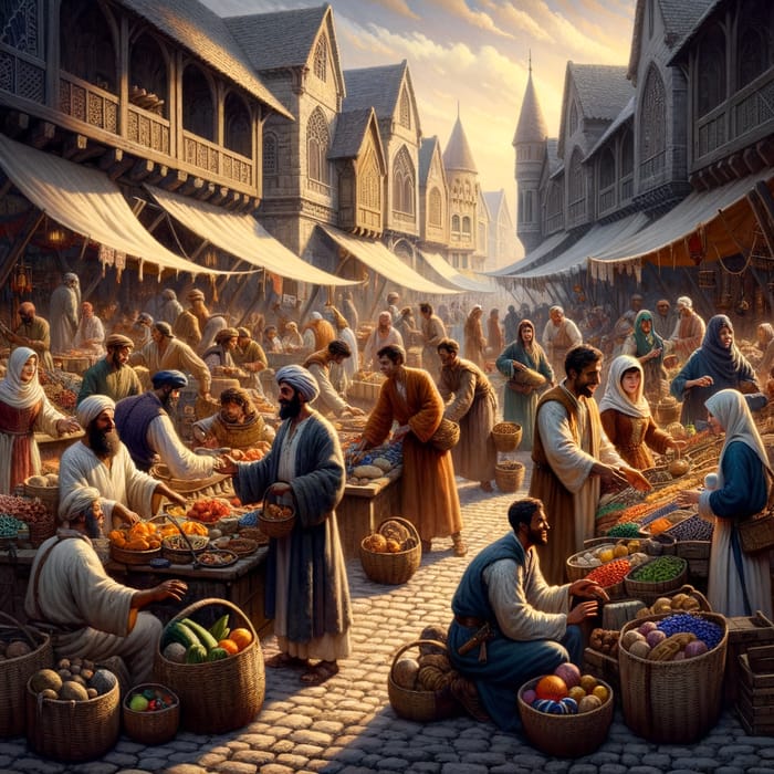 Lively Medieval Trading Scene in a Diverse Marketplace