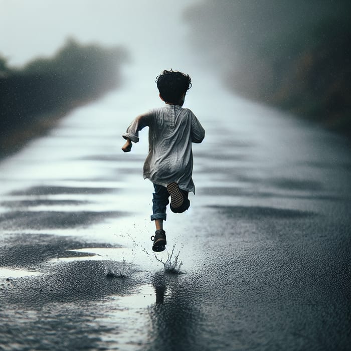 Young Boy Running in Light Rain