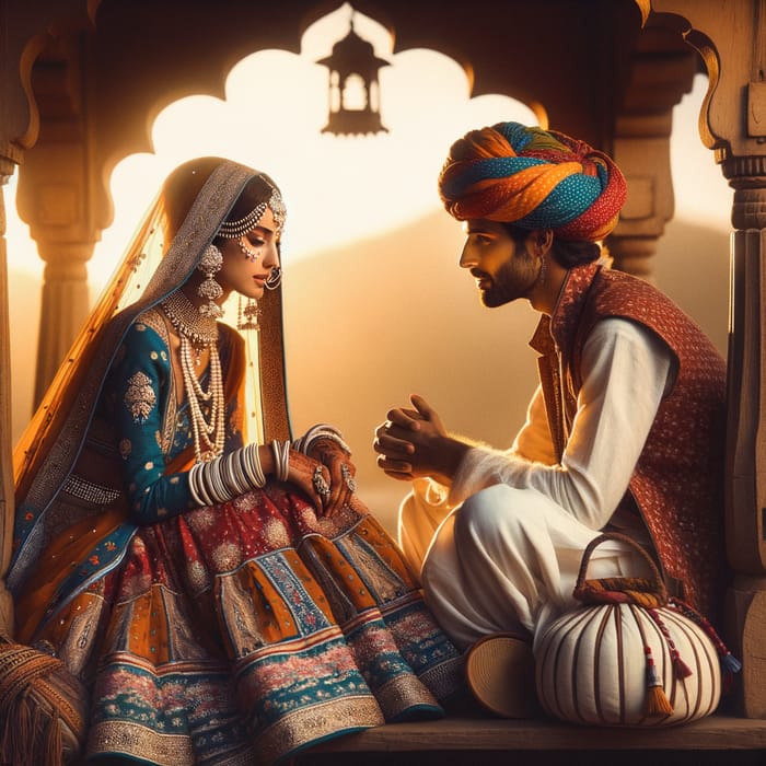 Romantic Rajasthani Couple Conversation Under Jharokha