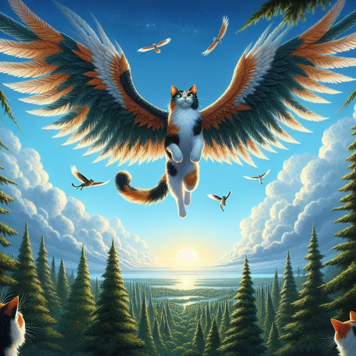 Flying Cat Soaring in a Fantastical Sky
