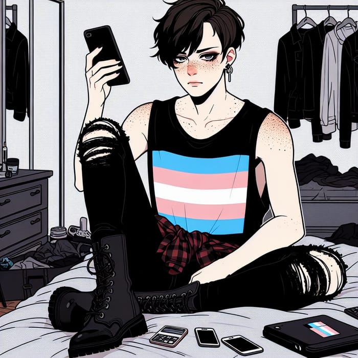 Anime-Style Illustration of Transgender Male Character with Black-Red Hair