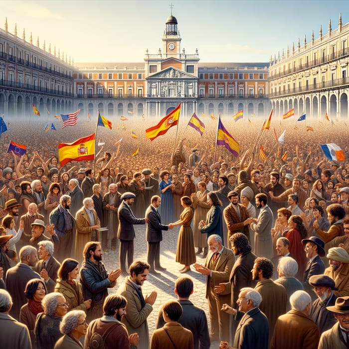 Transition to Democracy in Spain with Diverse Crowds | Symbolism of Hope, Unity, and Anticipation