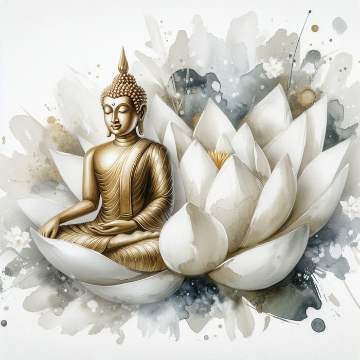 Buddha on White Lotus with Watercolor Energy | Serene Artwork