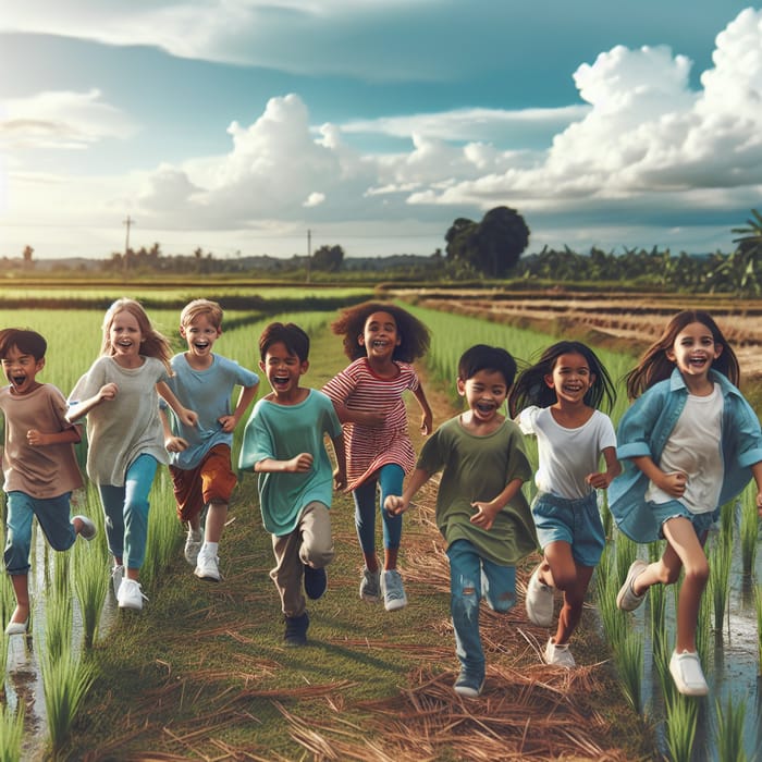 Diverse Children Running Joyfully by Lush Green Rice Field