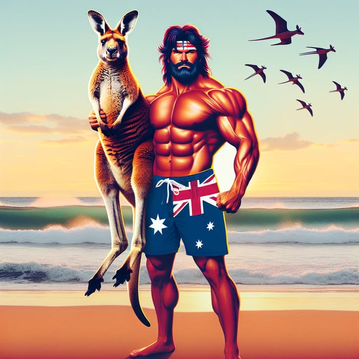 Australian Superhero Rides Kangaroo with Mullet on Beach