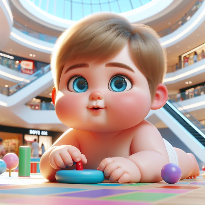 Chubby Child with Narrow Eyes Playing in the Mall