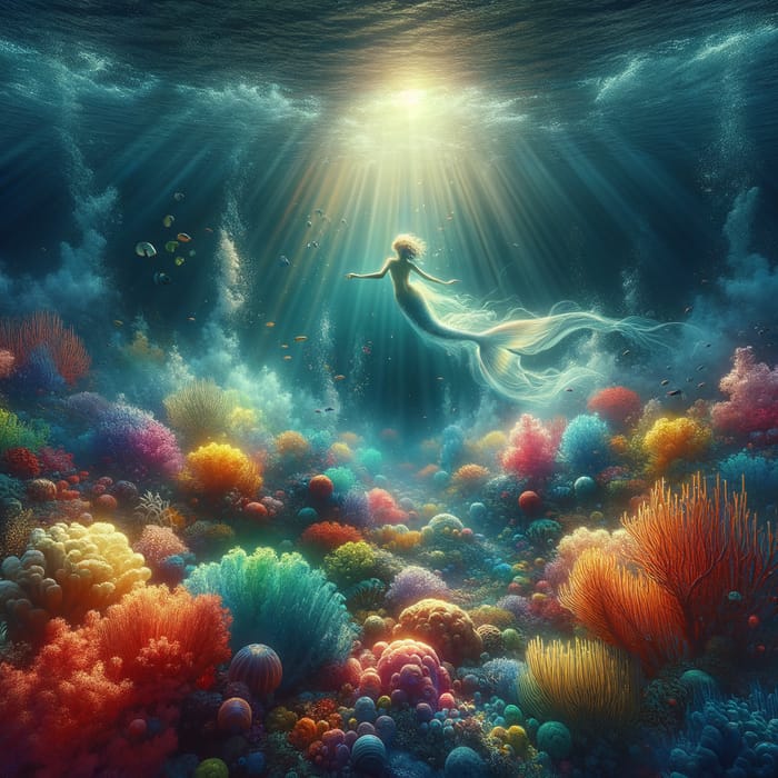 Mermaid Surrounded by Colorful Coral Reefs - Enchanting Fantasy Scene