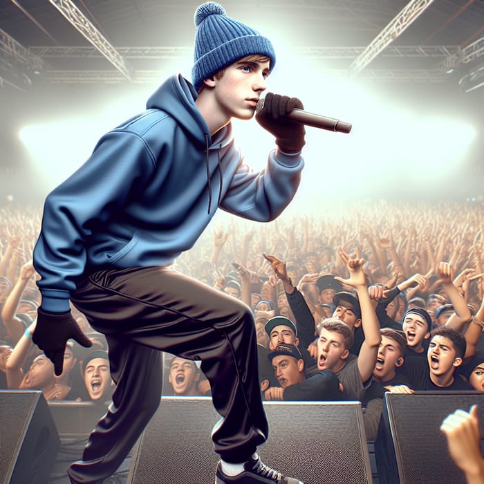 Young White Male Rapper in Blue Wool Hat at Concert | Energetic Performance