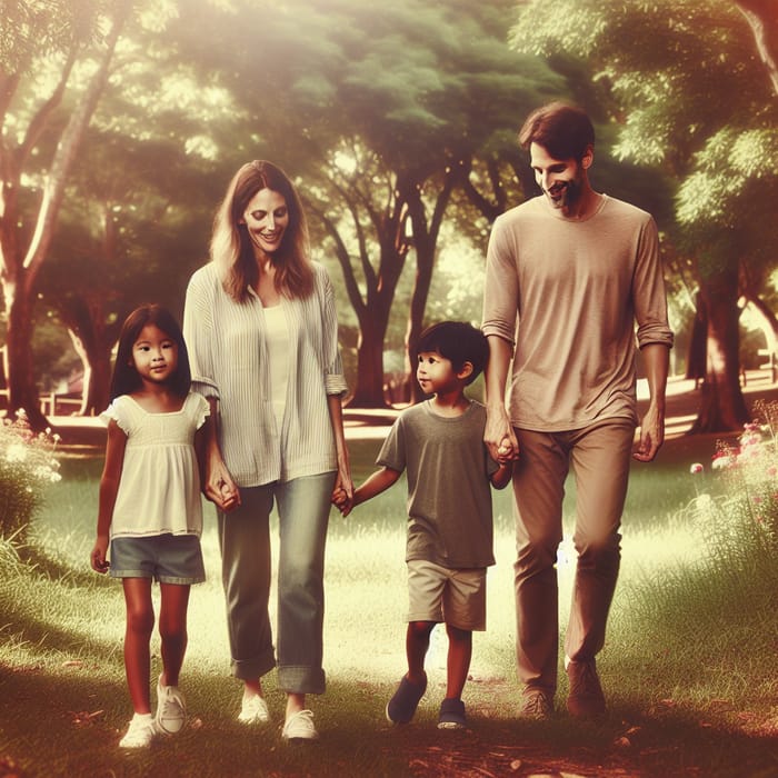 Loving Family Walking Hand in Hand in a Peaceful Park - Heartwarming Scene