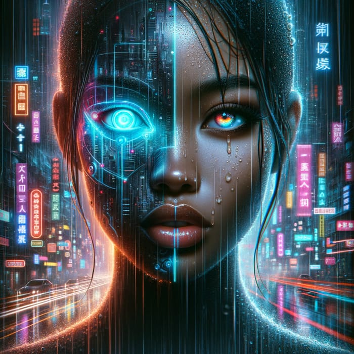 Luminescent Afro-Asian Woman Portrait in Cyberpunk Cityscape