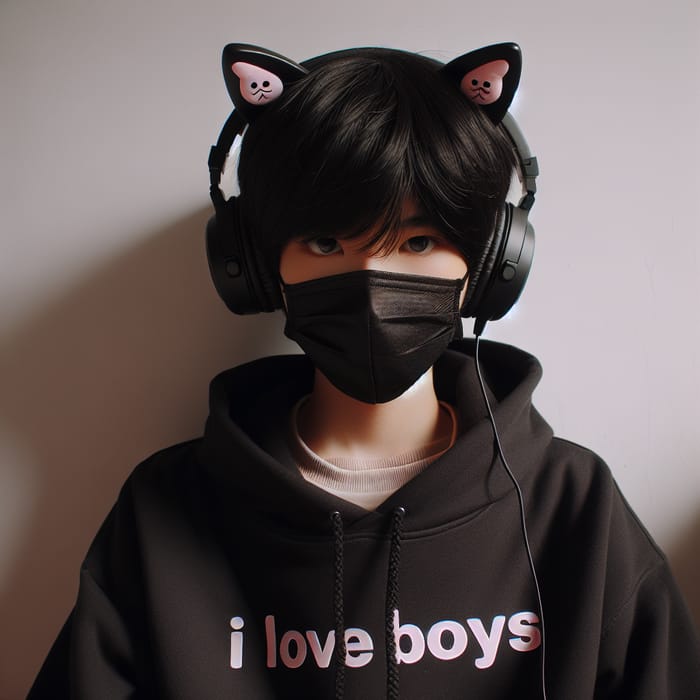 Boy in Cat Ear Headphones and 'I Love Boys' Hoodie