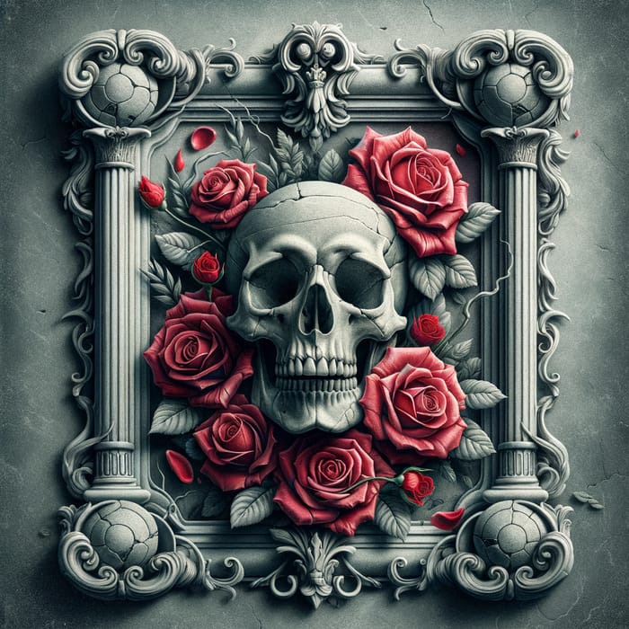 Roman Stone Skull Portrait with Vibrant Red Roses