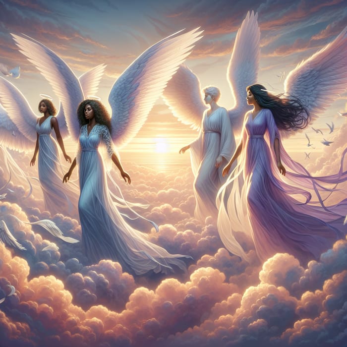 Heavenly Angels: Serene and Diverse Ethereal Beings in Fluffy Clouds