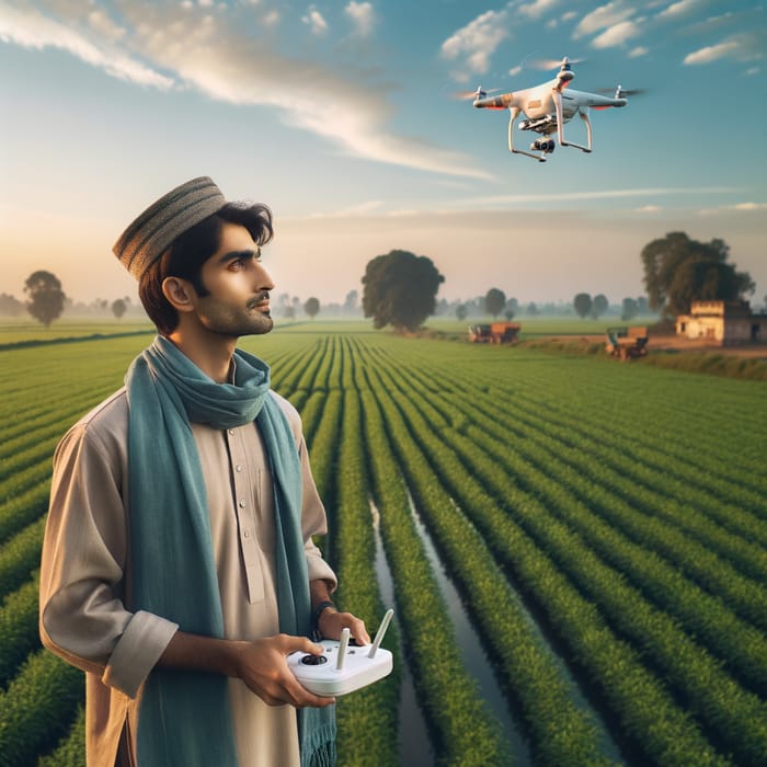 South Asian Man Controlling Drone in Tranquil Field