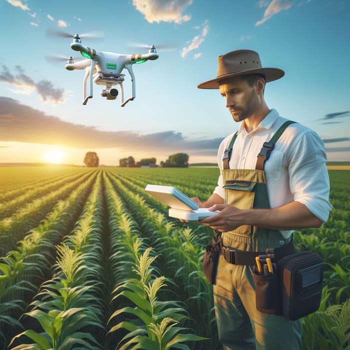 Expert Agronomist Inspecting Crops with Drone in Field
