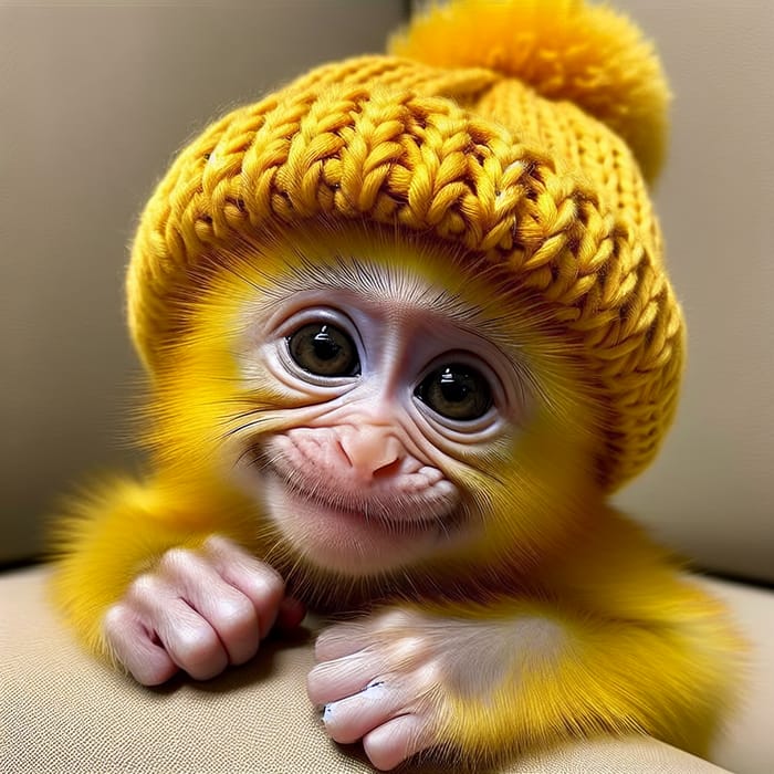 Adorable Yellow Baby Monkey with Beanie Hat
