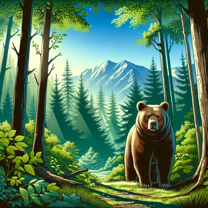 Beautiful 'Oso' Brown Bear Illustration in Enchanting Forest