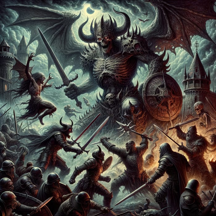 Epic Dark Medieval Fantasy Artwork | Metalhead Warriors Confront Giant Villain