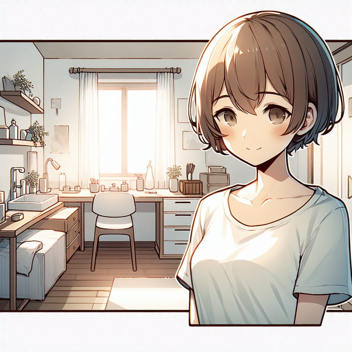 Anime Female in Serene White T-Shirt Room Illustration