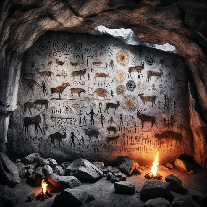 Stone Age Cave Interior: Primitive Drawings & Torchlight