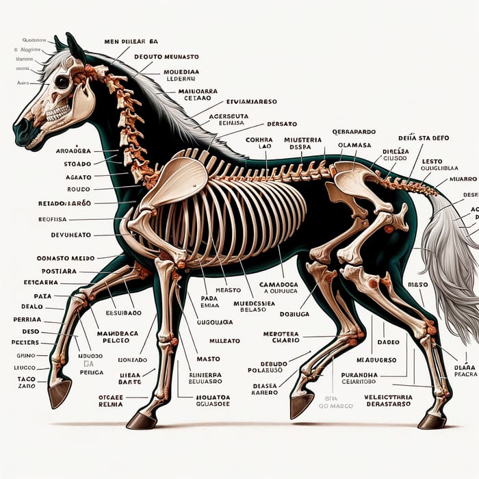 Complete Horse Skeleton Structure with Portuguese Labels