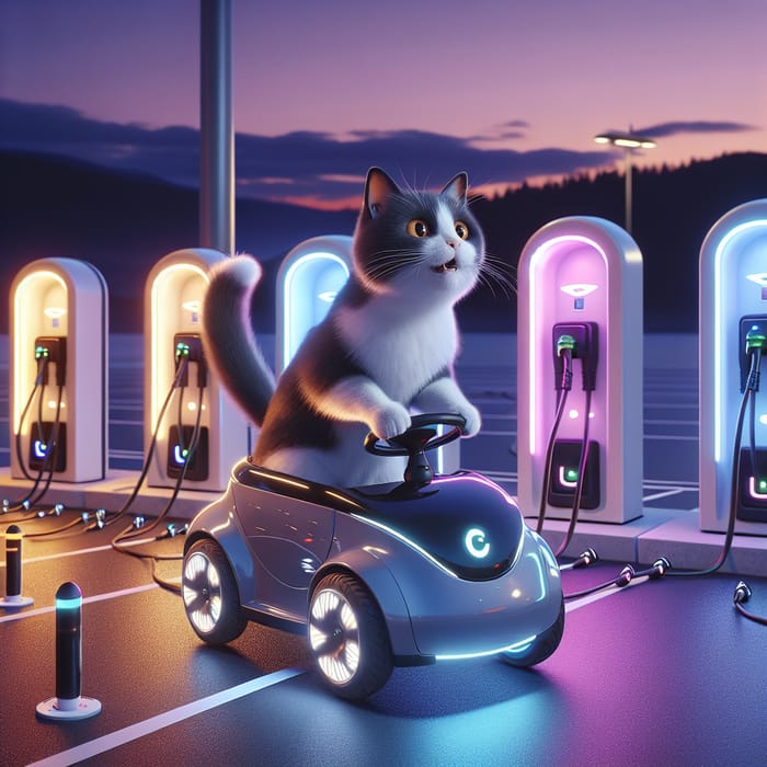 Cat on Electric Vehicle at Charging Station