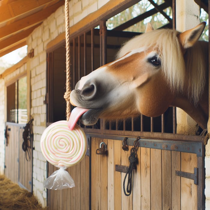 Horse Licking Sweet Candy Ball in Stable
