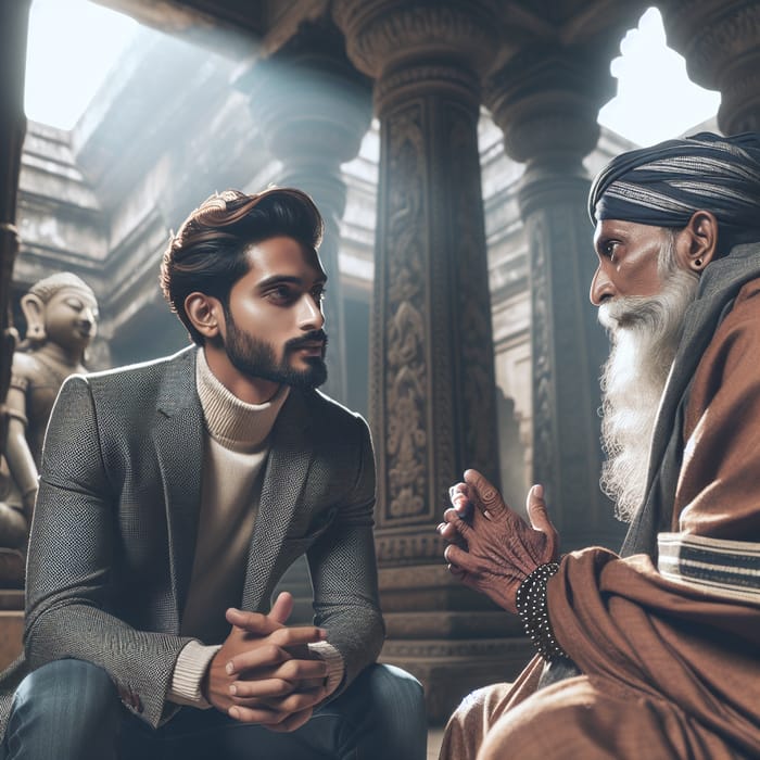 Indian Man in Deep Conversation with Sage-Like Zen Master