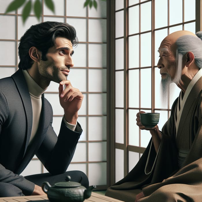 Handsome Indian Man in Deep Conversation with Zen Master
