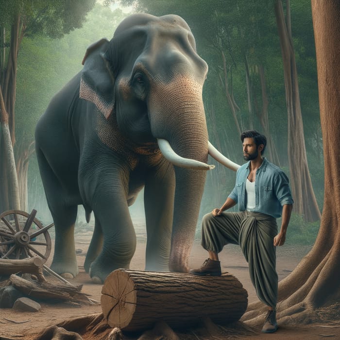 South Asian Man and Elephant - Tree Trunk Breaking Scene