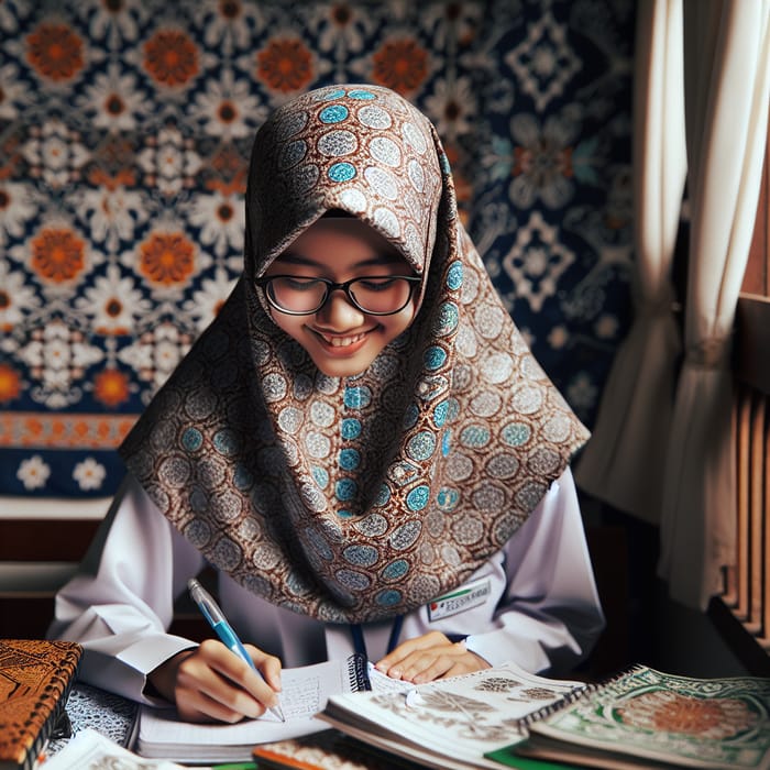 Indonesian Student in Hijab Studying with Traditional Batik Background