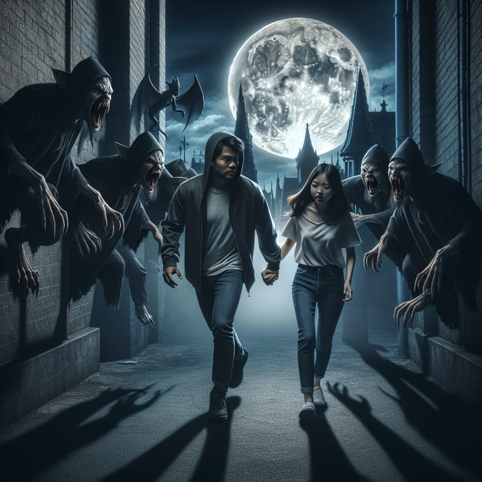 Eerie Vampires Pursuing Asian Couple in Dark Alley | Cityscape Scene