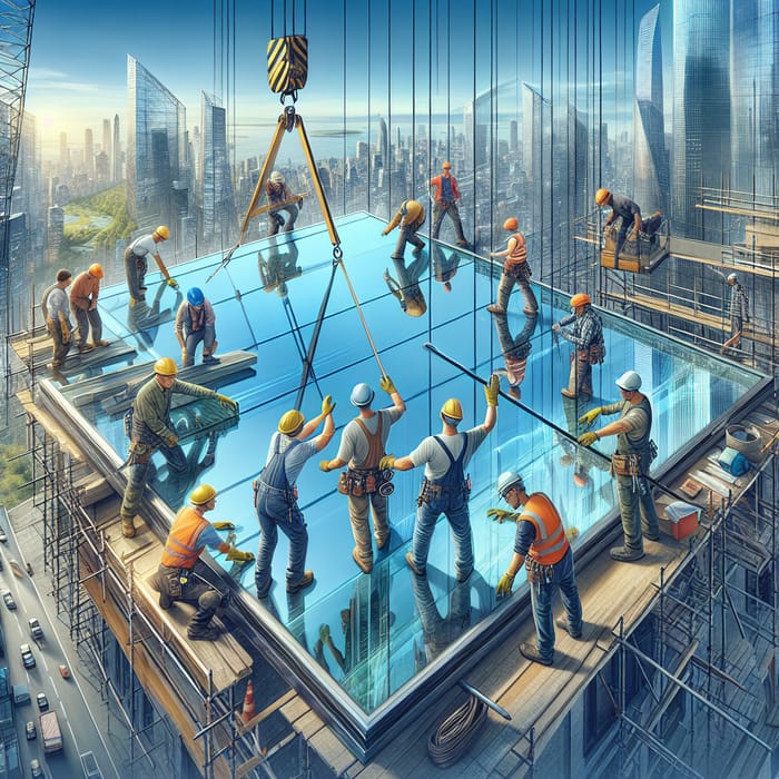 Glass Panel Installation: Skilled Laborers, Modern Building | Urban Construction
