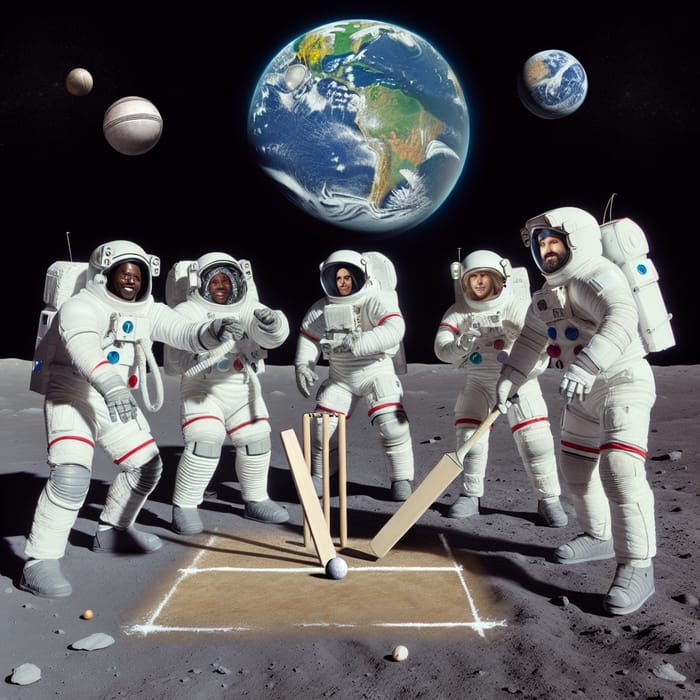 Diverse Astronauts Playing Cricket on Moon