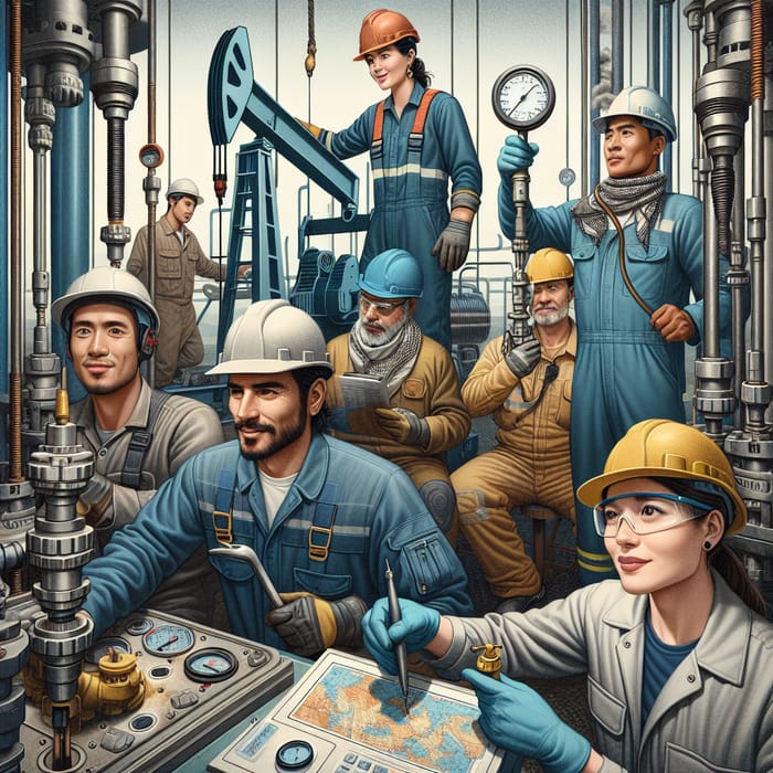 Diverse Oil Extraction Workers: Hard Work and Collaboration