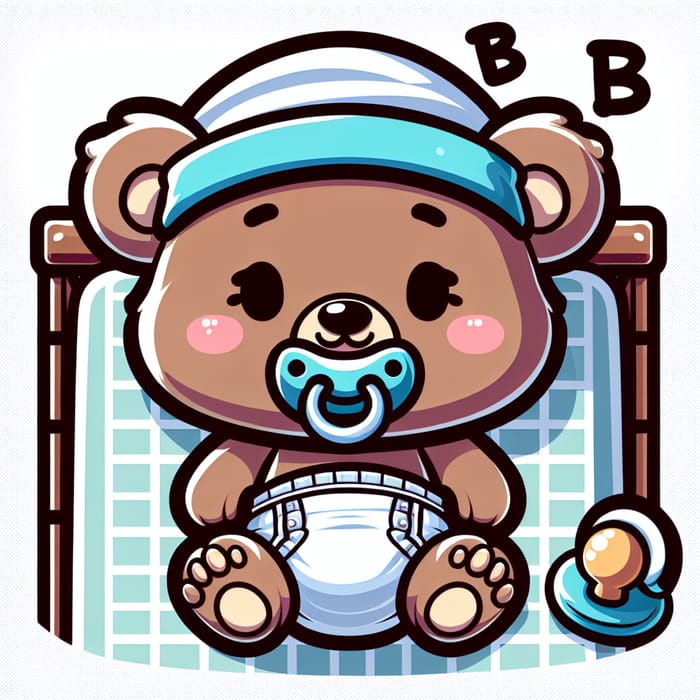 Cute Baby Bear in Diaper Sleeping with Bib and Cap