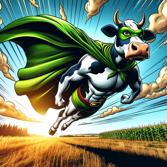 Superhero Cow Soaring Over Sunlit Field | Dynamic Comic Book Art in Vibrant Colors