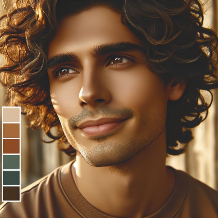 Young Man with Curly Dark Brown Hair and Brown Eyes