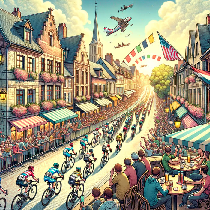 Vibrant Tour de France Stage in a Charming City with Diverse Cyclists