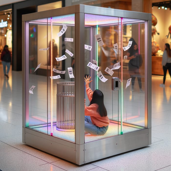 Transparent Aluminum Booth: Tickets Flying, Person Inside
