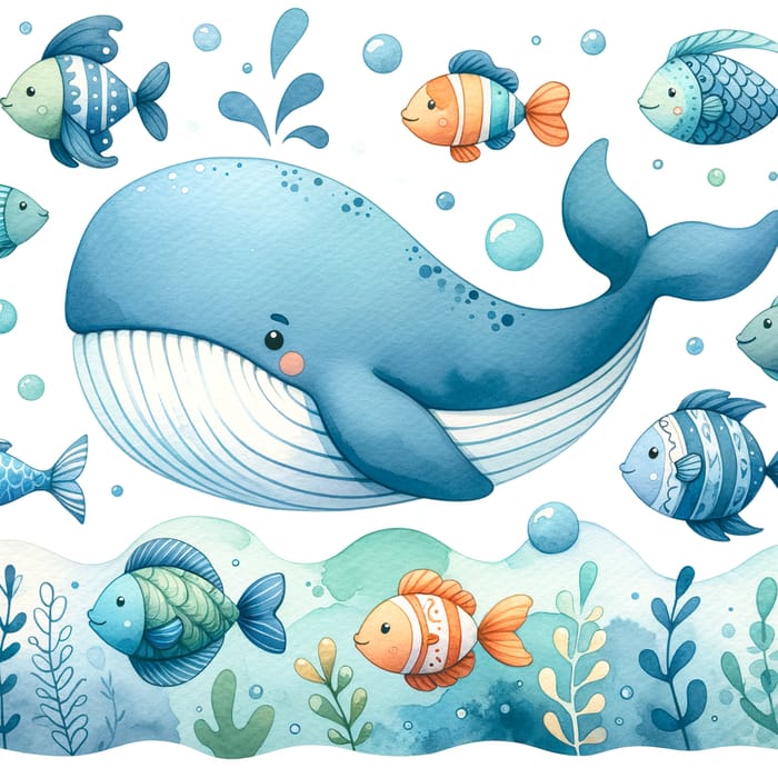 Watercolor Nursery Whales and Fish Art | Kids Room Decor