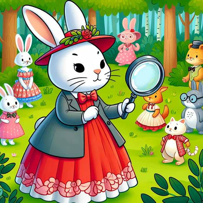 Cartoon White Rabbit in Red Dress with Animals in Forest
