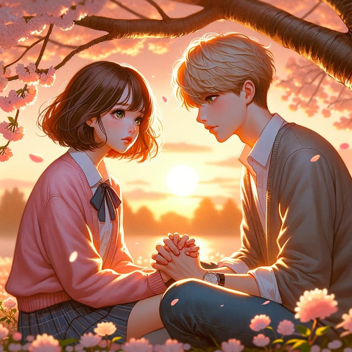 Enchanting Sunset Moment with Two Teens under Cherry Blossom Tree