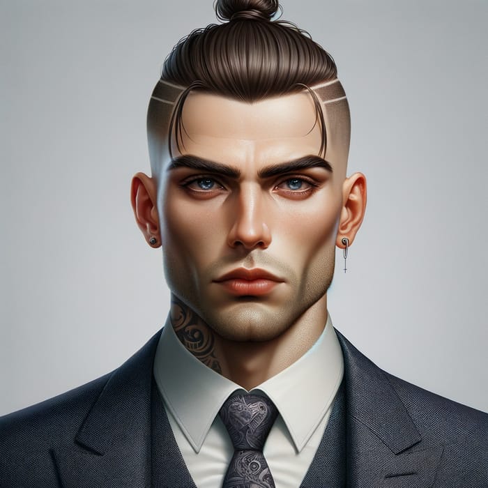 Mafia Boss Image: Piercing Blue Eyes, Top Knot Hairstyle, Tattooed Undercut
