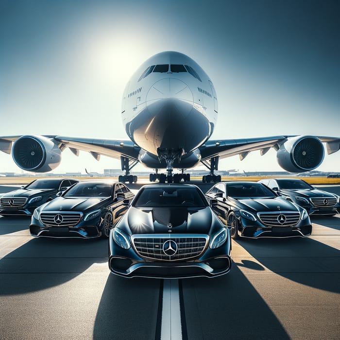 Luxurious Black Mercedes Cars Aligned in Front of Giant Airplane