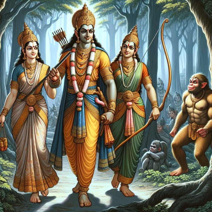Divine Ram and His Family with Hanuman in Jungle