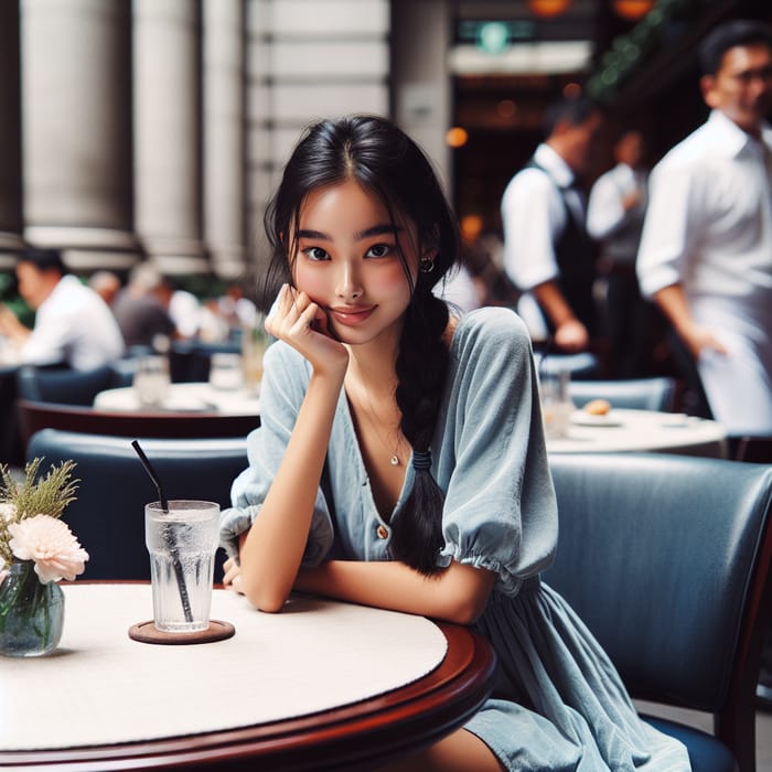 Young South Asian Woman in City Restaurant | Blue Dress & Lemonade