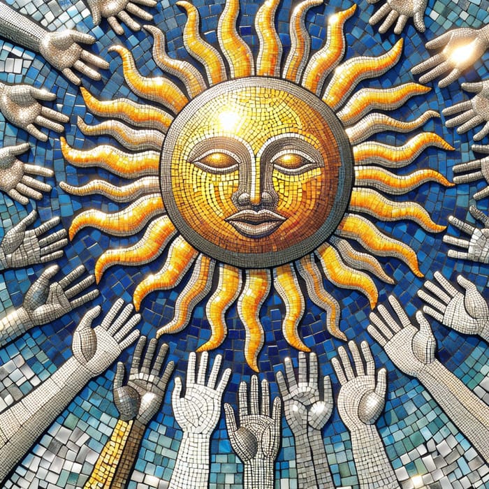 Shiny Sun Mosaic Artwork with Reaching Hands