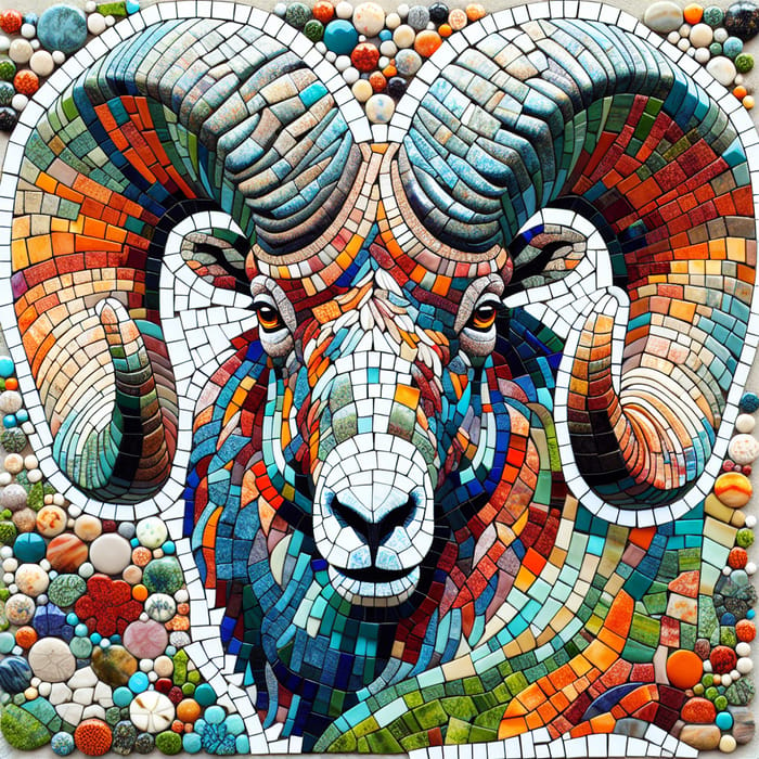 Colorful Bighorn Sheep Skull Mosaic Art