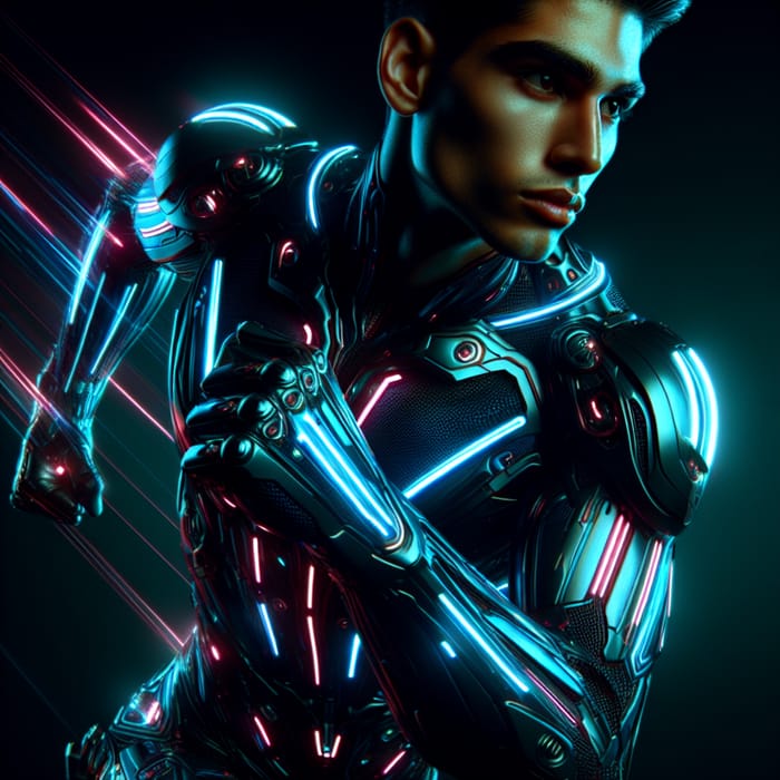Hispanic Man in Dynamic Cyberpunk Armor | Neon Contrast Art